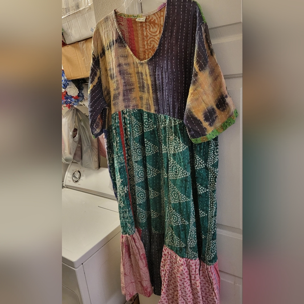 Multicolor Kantha Bohemian Midi Dress